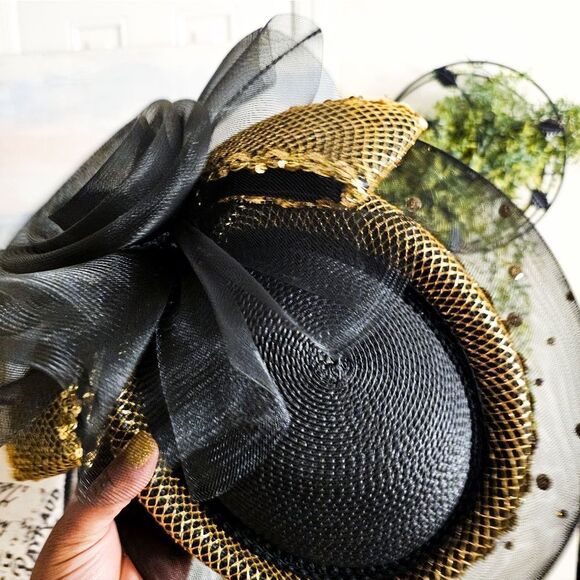 VTG Deborah New York Black & Gold Embellished Mesh Glamour Hat. main image 5